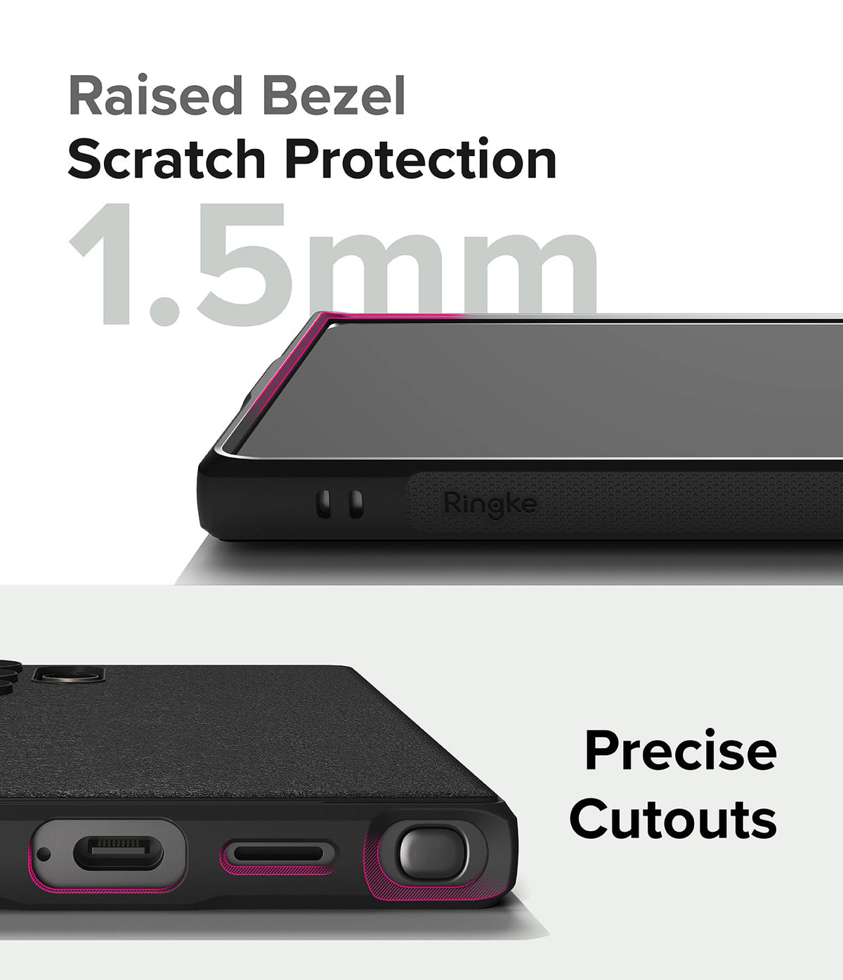 Galaxy S24 Ultra Case | Onyx - Close-up of phone case showing 1.5mm raised bezel and precise port cutouts with pink highlights.