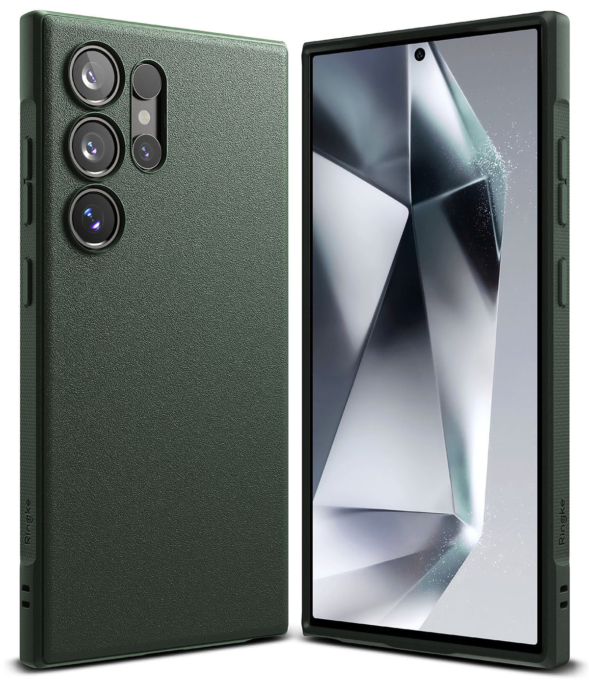 Galaxy S24 Ultra Case | Onyx - Textured dark green phone case shown from back and front with abstract screen wallpaper.