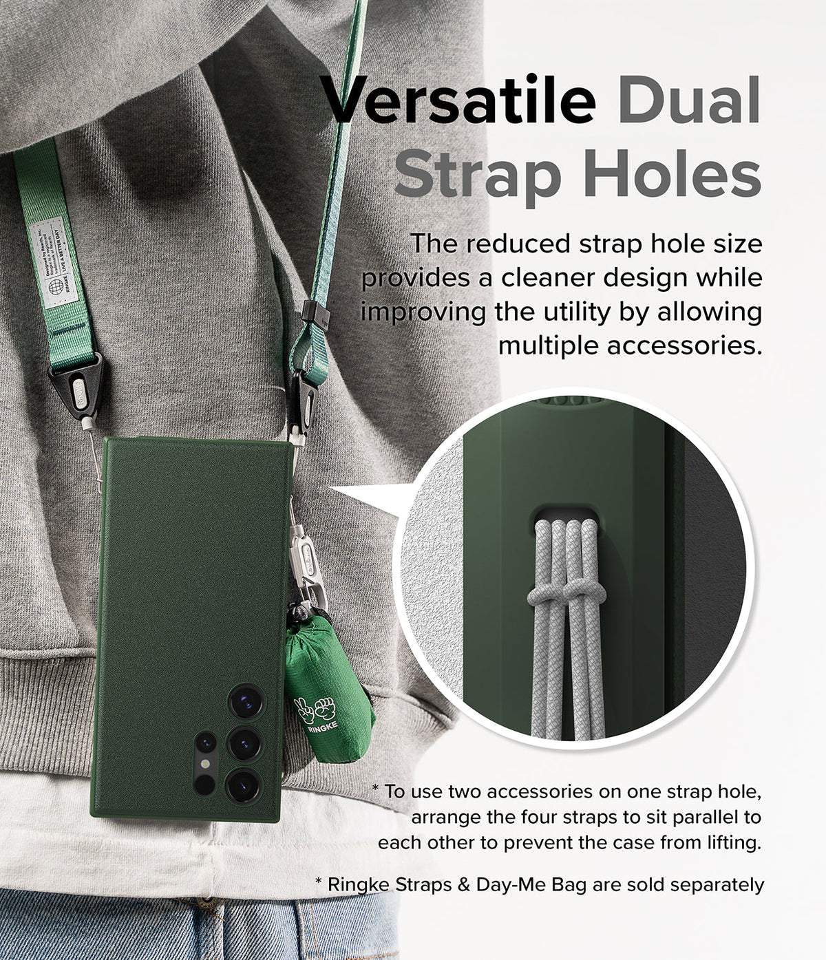 Galaxy S24 Ultra Case | Onyx - Dark green phone case worn with dual straps and a close-up of the strap hole attachment.
