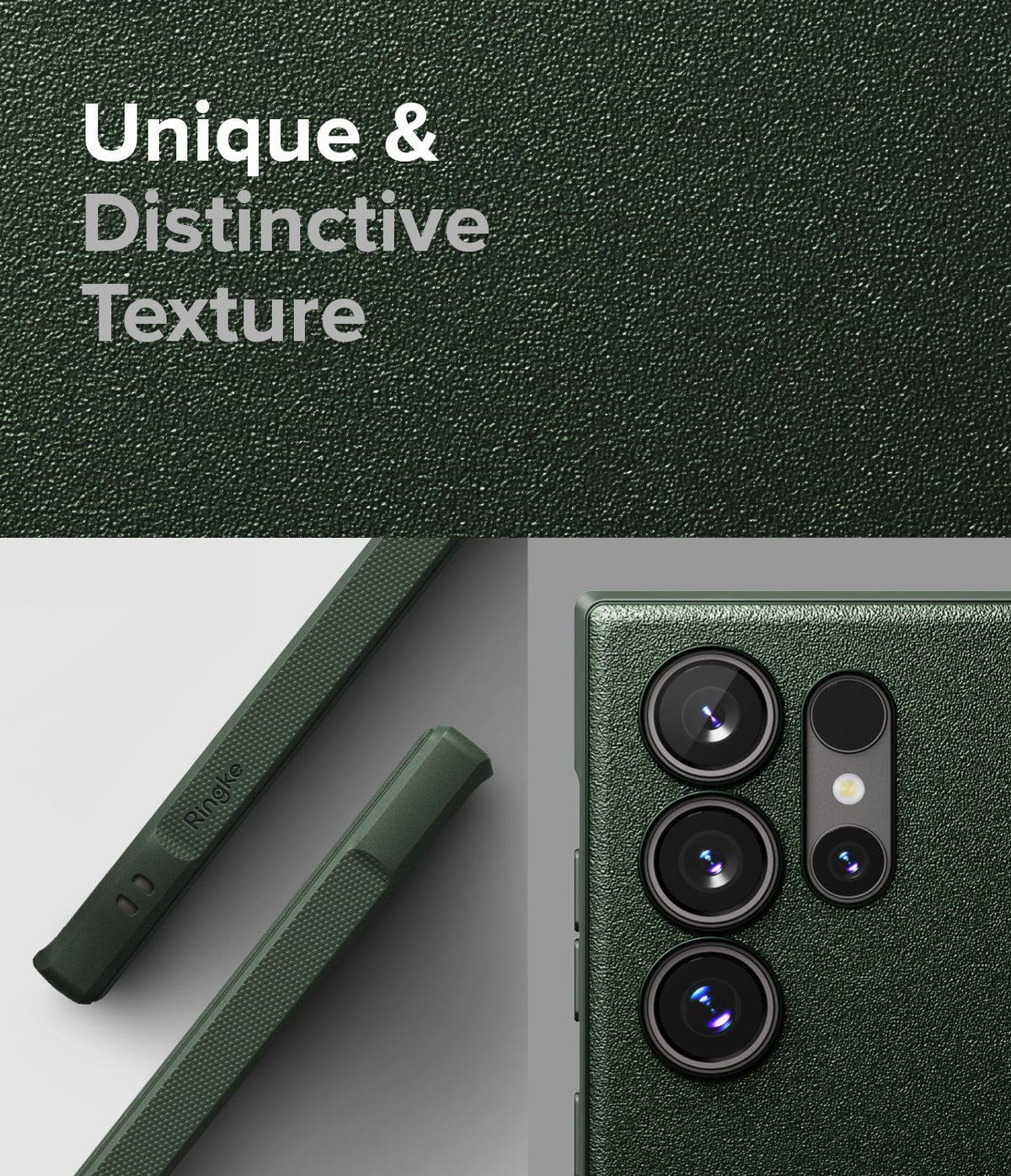 Galaxy S24 Ultra Case | Onyx - Dark green textured phone case showing camera lens cutouts and side button details.