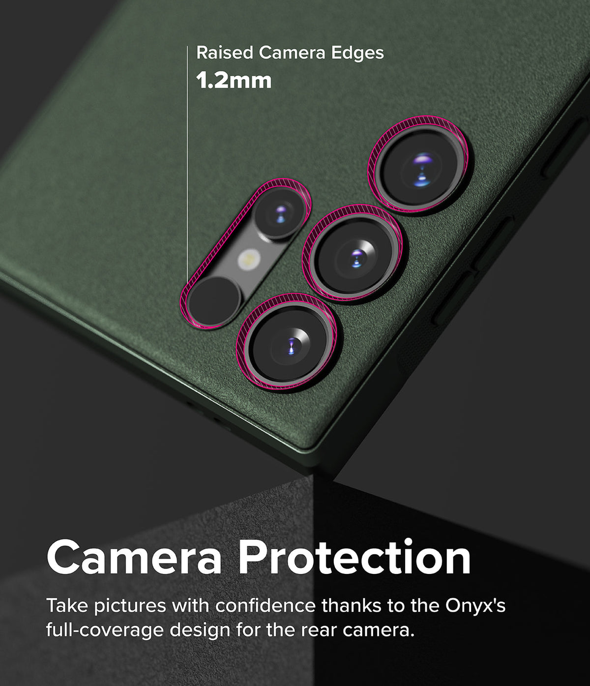 Galaxy S24 Ultra Case | Onyx - Close-up of green phone case highlighting 1.2mm raised edges around the camera lenses.