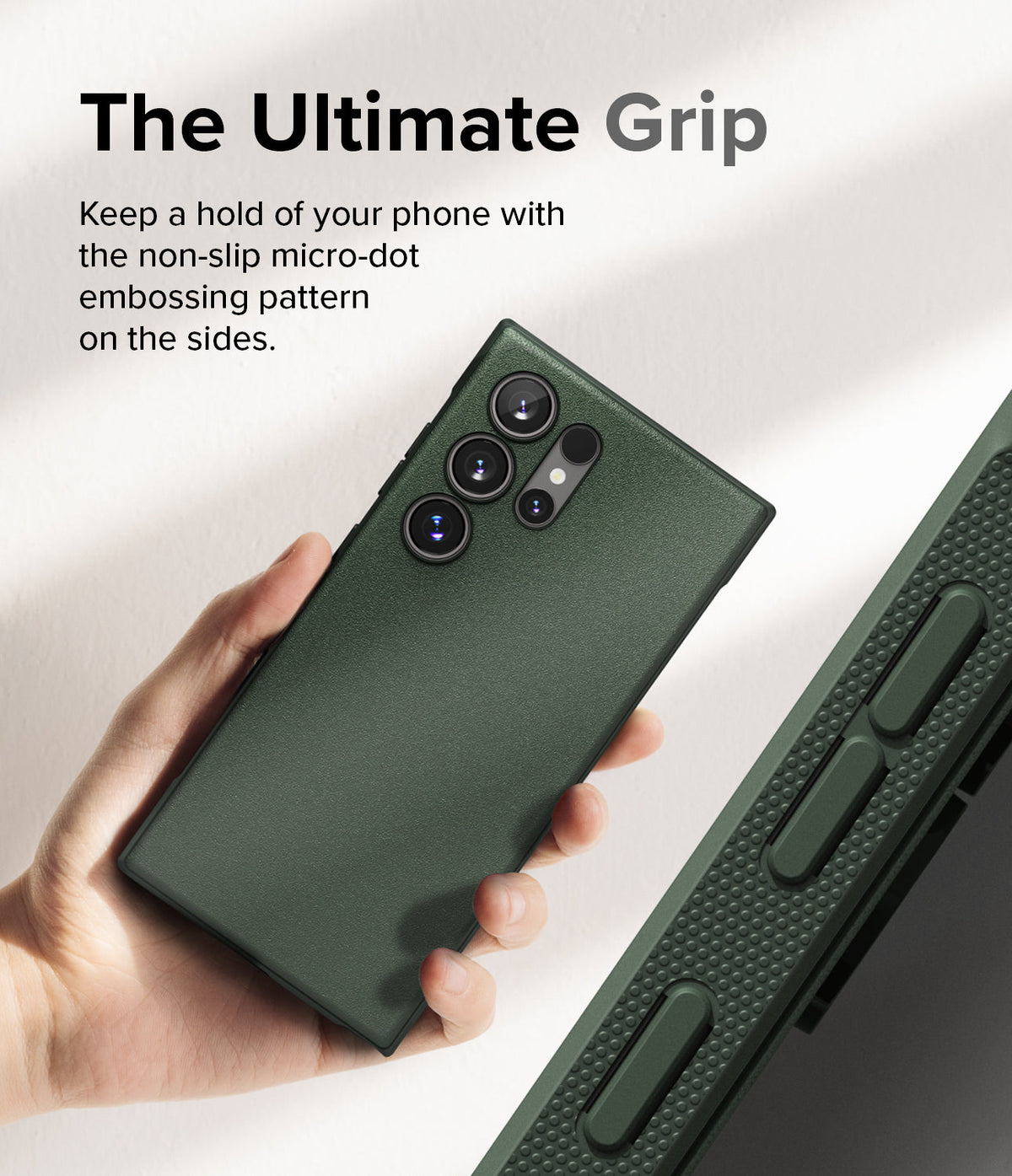 Galaxy S24 Ultra Case | Onyx - Hand holding a dark green phone case showing a textured side grip with micro-dot embossing.
