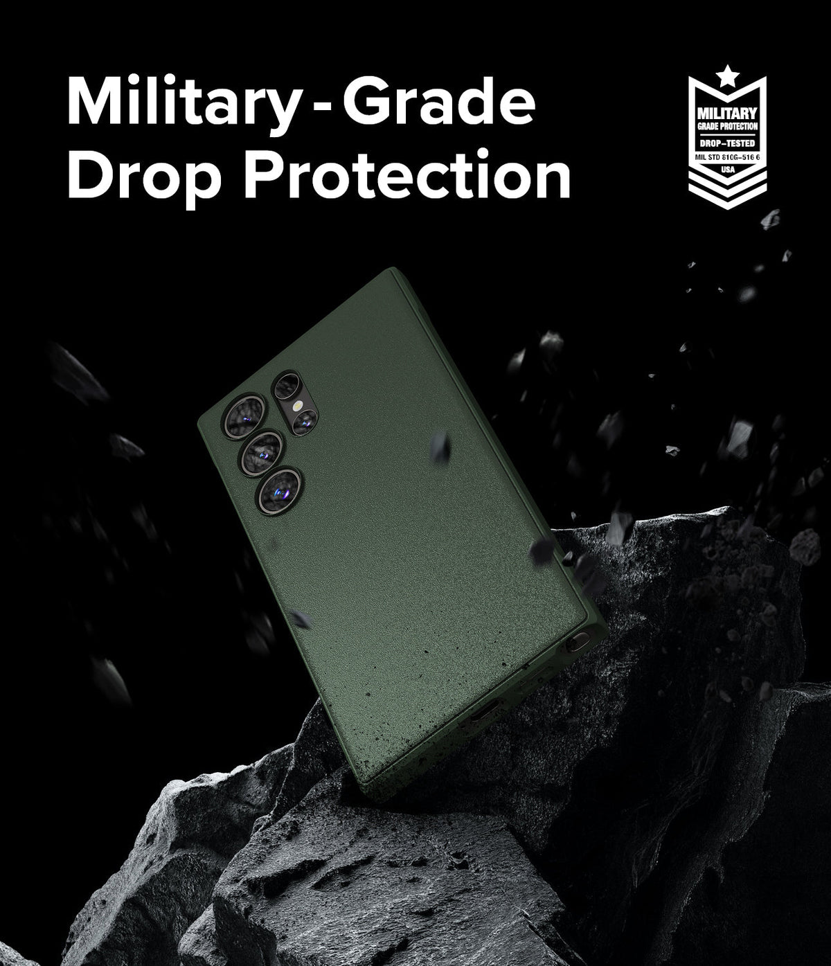 Galaxy S24 Ultra Case | Onyx - Dark green phone case floating above jagged rocks with military-grade drop protection text.