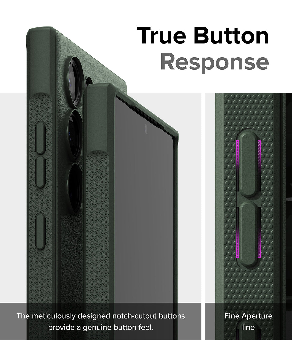 Galaxy S24 Ultra Case | Onyx - Close-up of dark green phone case buttons with textured grip and precise cutouts.