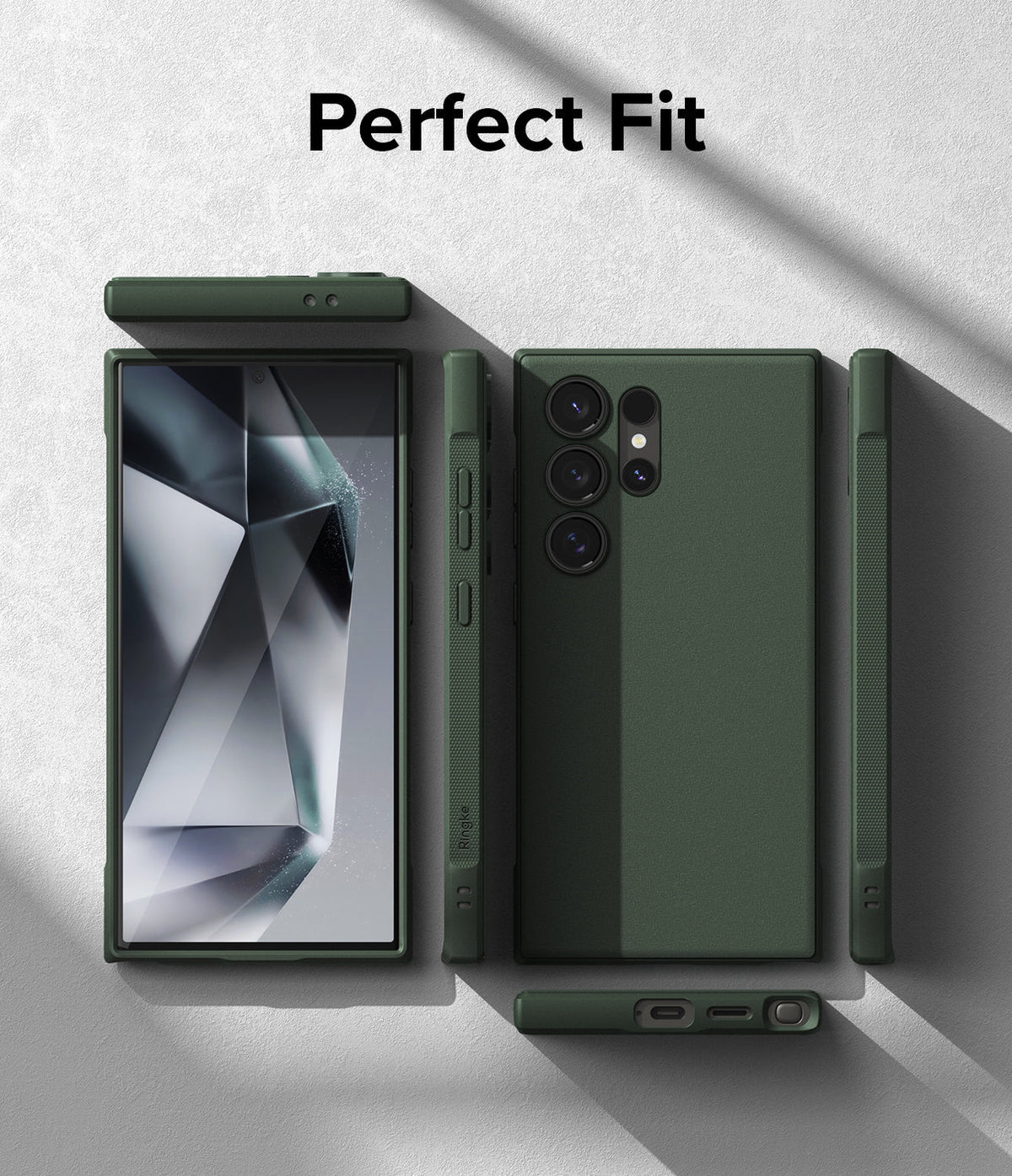 Galaxy S24 Ultra Case | Onyx - Multiple views of a dark green phone case showing precise cutouts and textured side grips.
