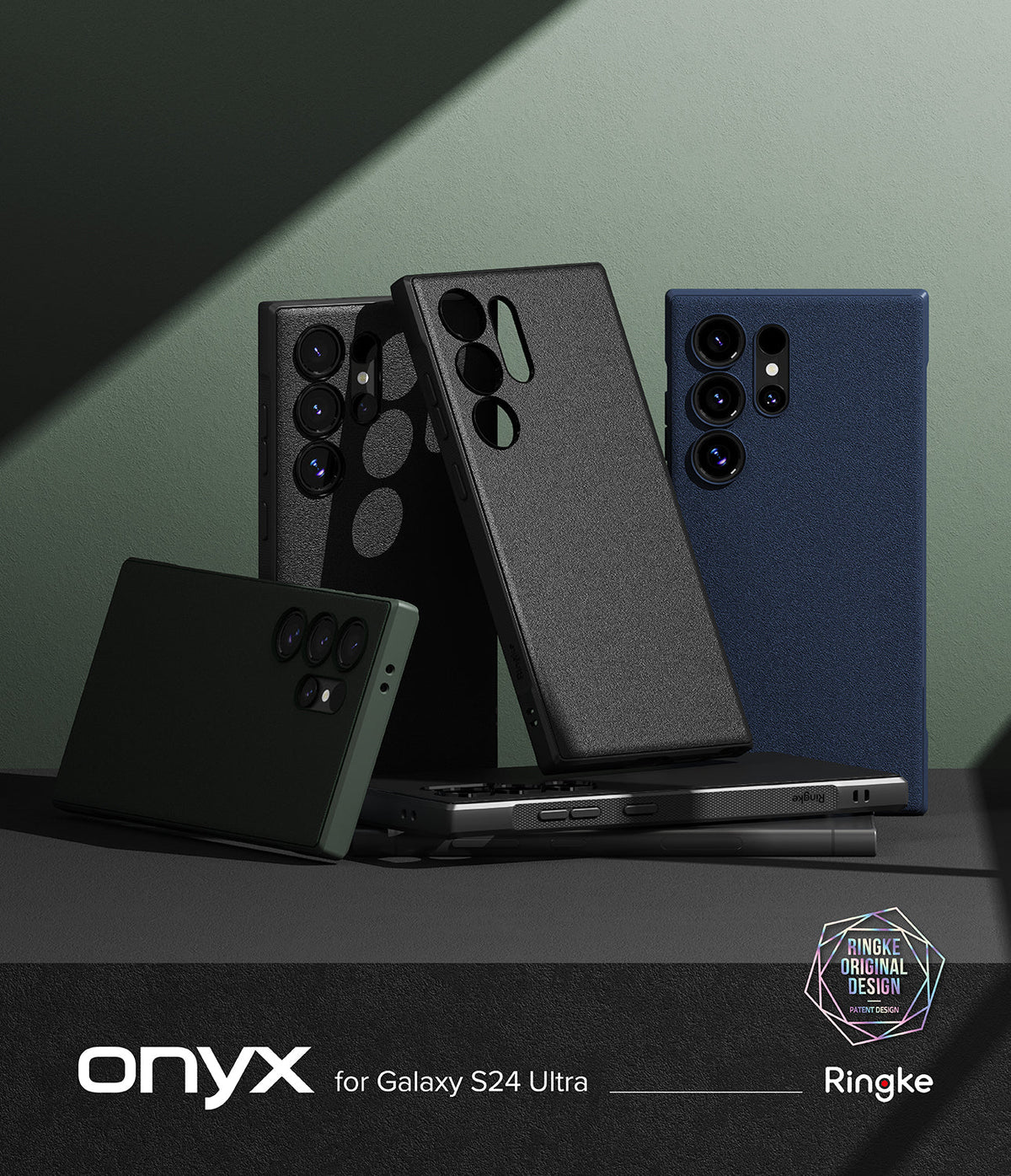 Galaxy S24 Ultra Case | Onyx - Multiple textured Onyx phone cases for Galaxy S24 Ultra arranged on a dark surface.