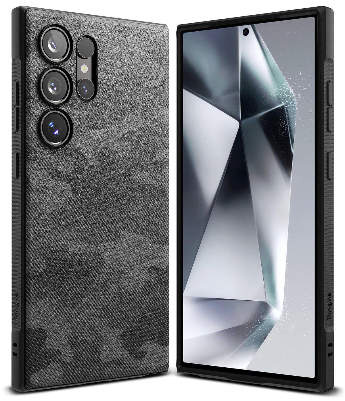 Galaxy S24 Ultra Case | Onyx Design - Black textured camo phone case shown from back and front with a metallic screen.