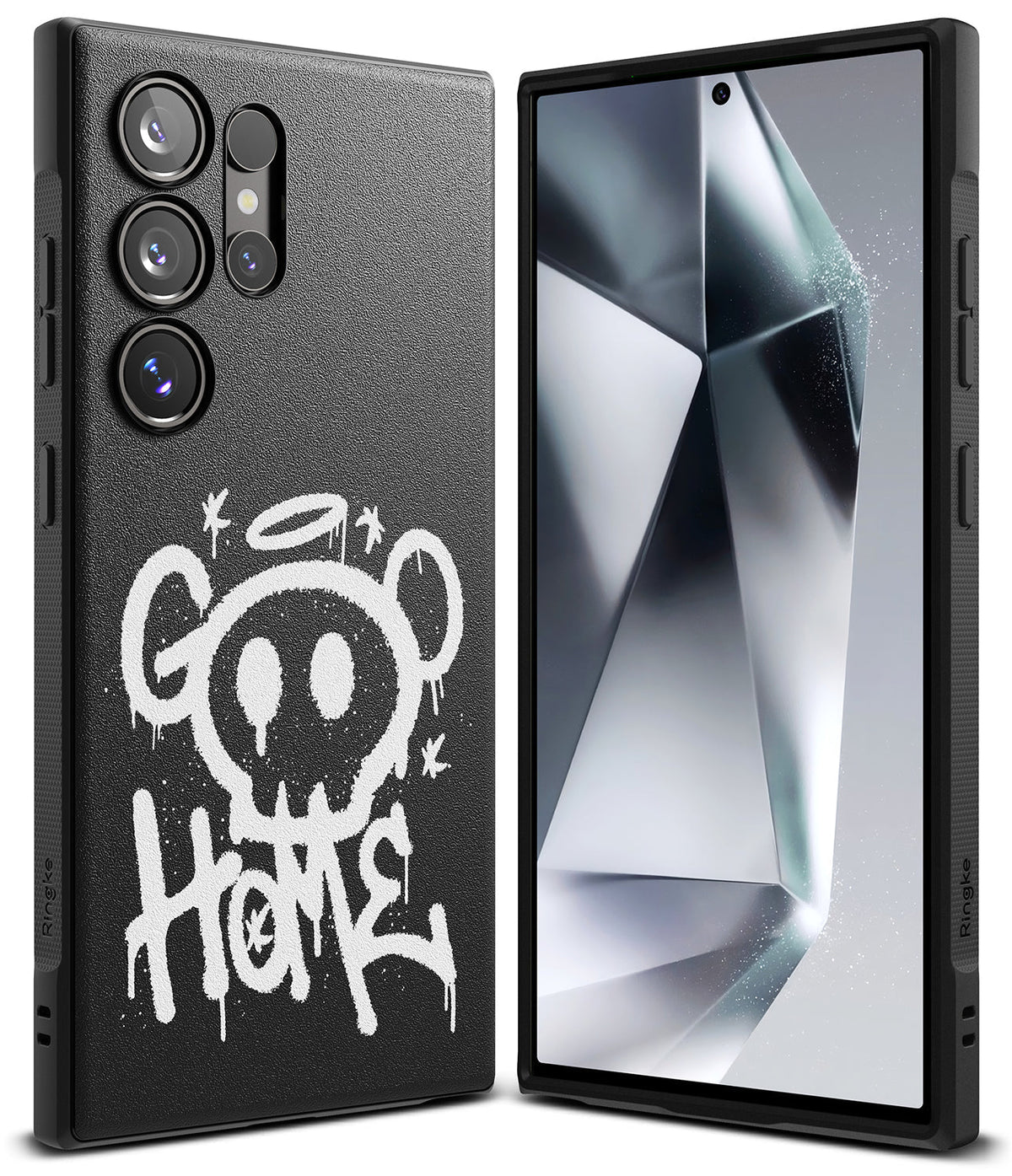 Galaxy S24 Ultra Case | Onyx Design - Black phone case with white graffiti skull art and matching phone front view.