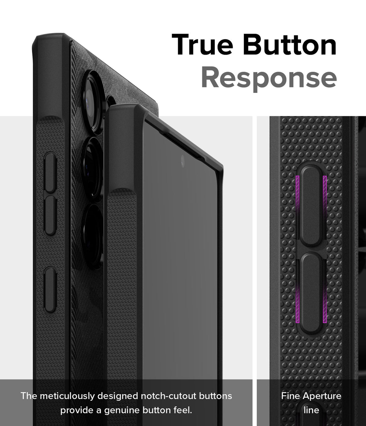 Galaxy S24 Ultra Case | Onyx Design - Close-up of black phone case buttons with notch cutouts for tactile response.