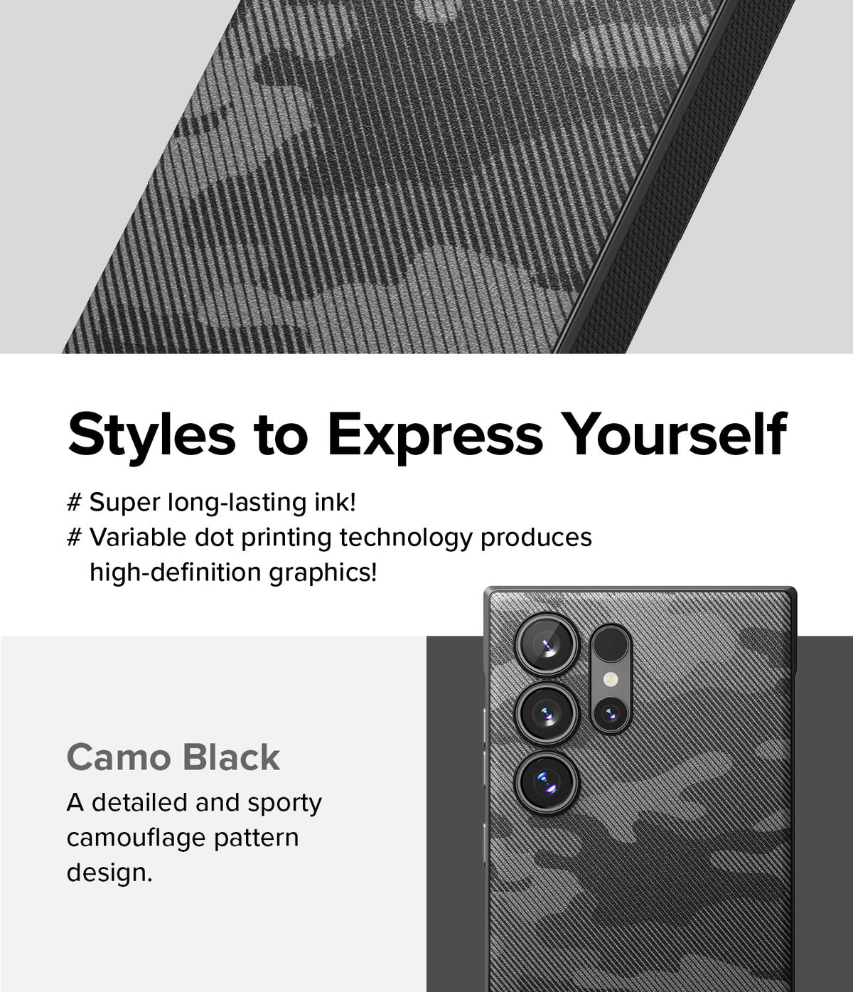 Galaxy S24 Ultra Case | Onyx Design - Black camouflage phone case with high-definition dot-printed pattern and camera cutout.