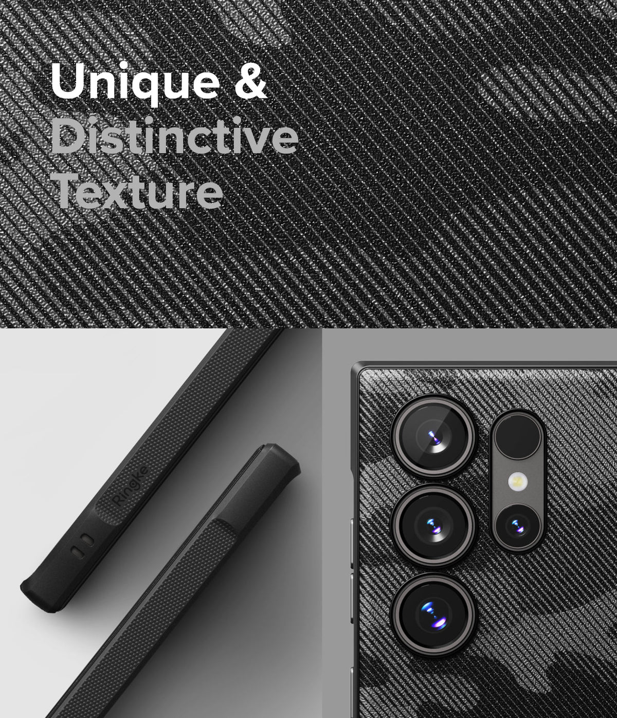 Galaxy S24 Ultra Case | Onyx Design - Close-up of a textured black phone case with a diagonal pattern and camera lens detail.