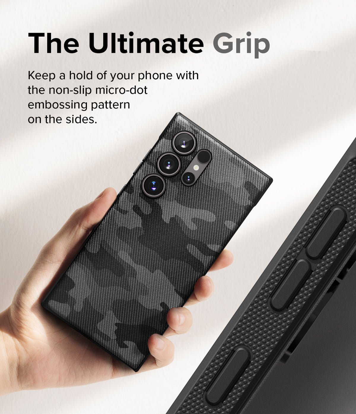 Galaxy S24 Ultra Case | Onyx Design - Hand holding a camo-patterned phone case with micro-dot textured sides.