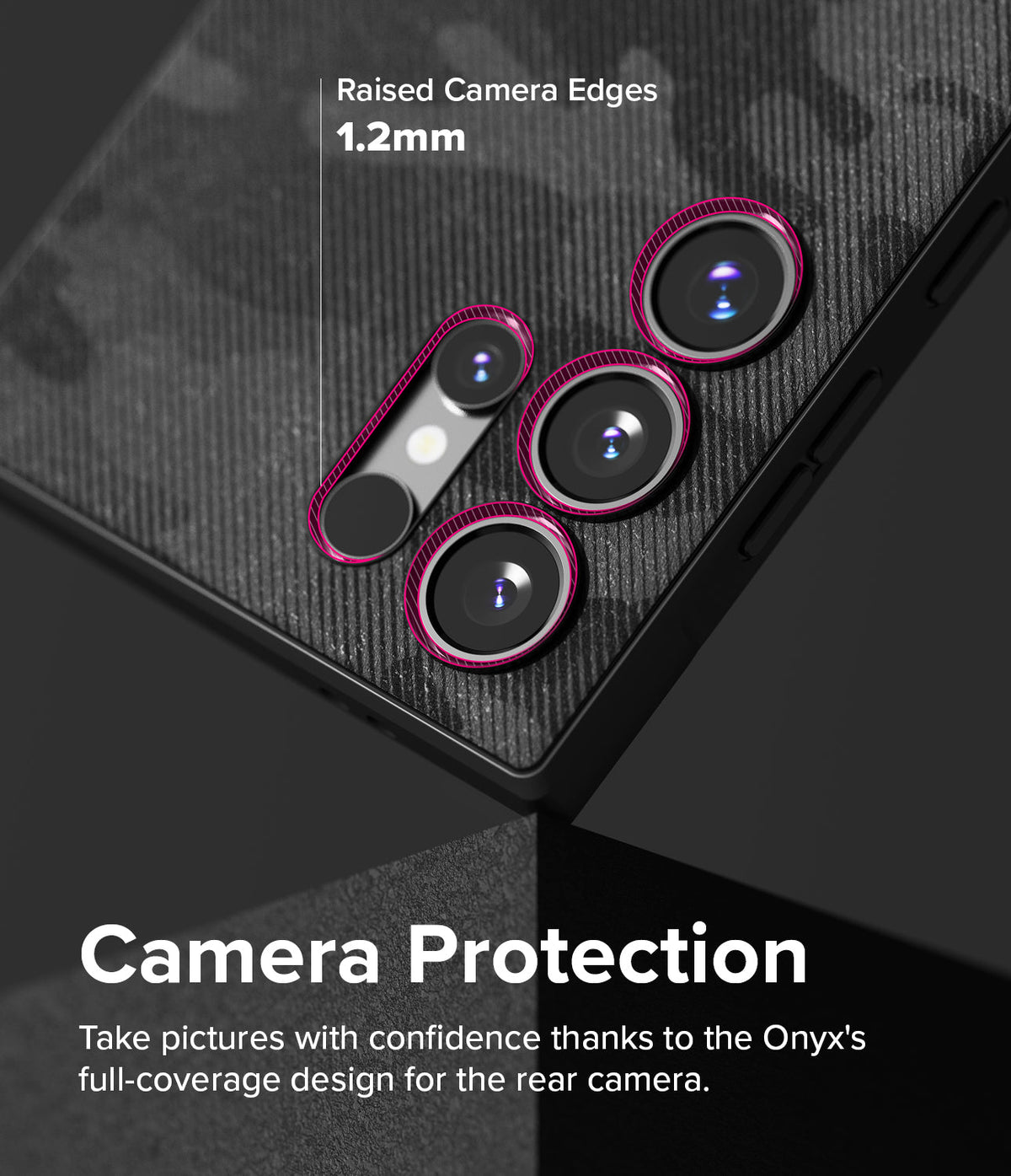 Galaxy S24 Ultra Case | Onyx Design - Close-up of phone camera lenses with 1.2mm raised protective edges and textured black case.
