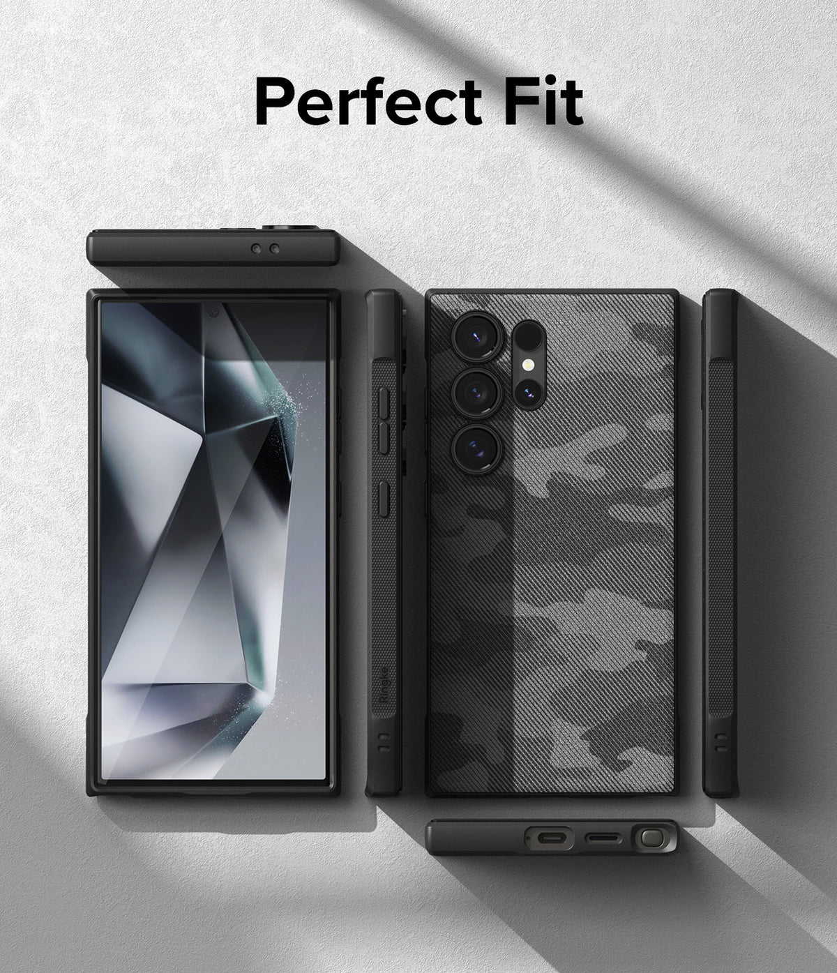 Galaxy S24 Ultra Case | Onyx Design - Exploded view of a black camo phone case showing front, back, and side profiles.