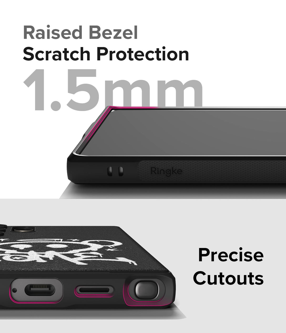 Galaxy S24 Ultra Case | Onyx Design - Close-up of phone case showing 1.5mm raised bezel protection and precise port cutouts.
