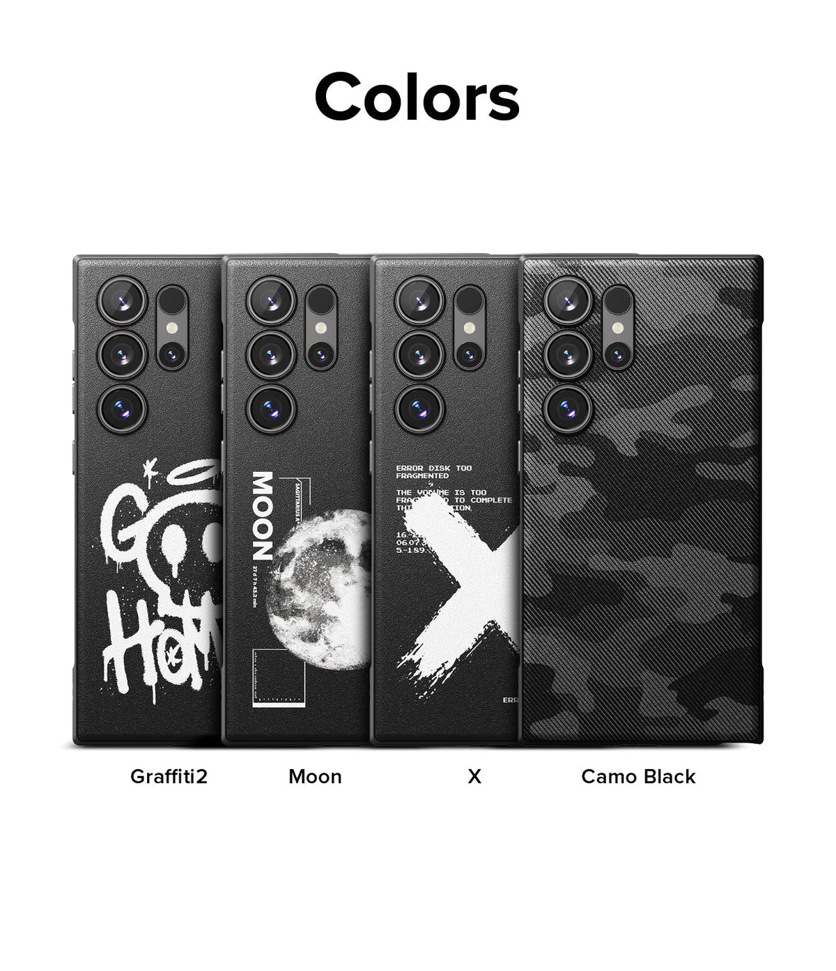 Galaxy S24 Ultra Case | Onyx Design - Four phone cases with Graffiti, Moon, X, and Camo Black designs on a black background.