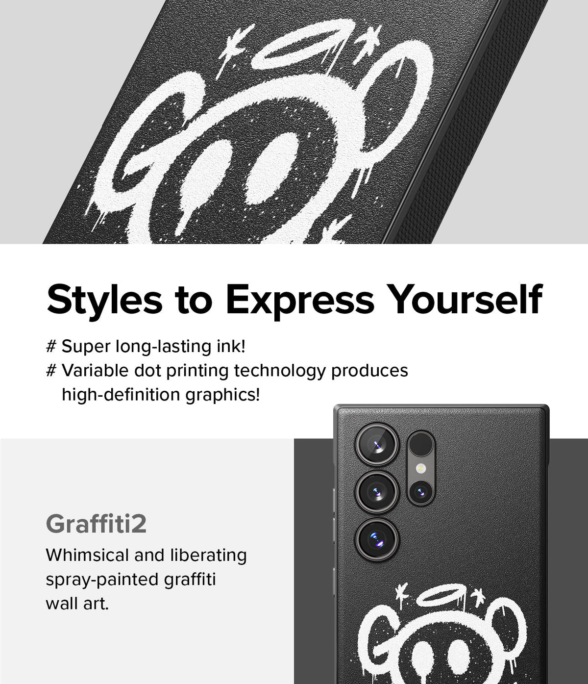 Galaxy S24 Ultra Case | Onyx Design - Black phone case with white spray-painted graffiti art of a whimsical character.