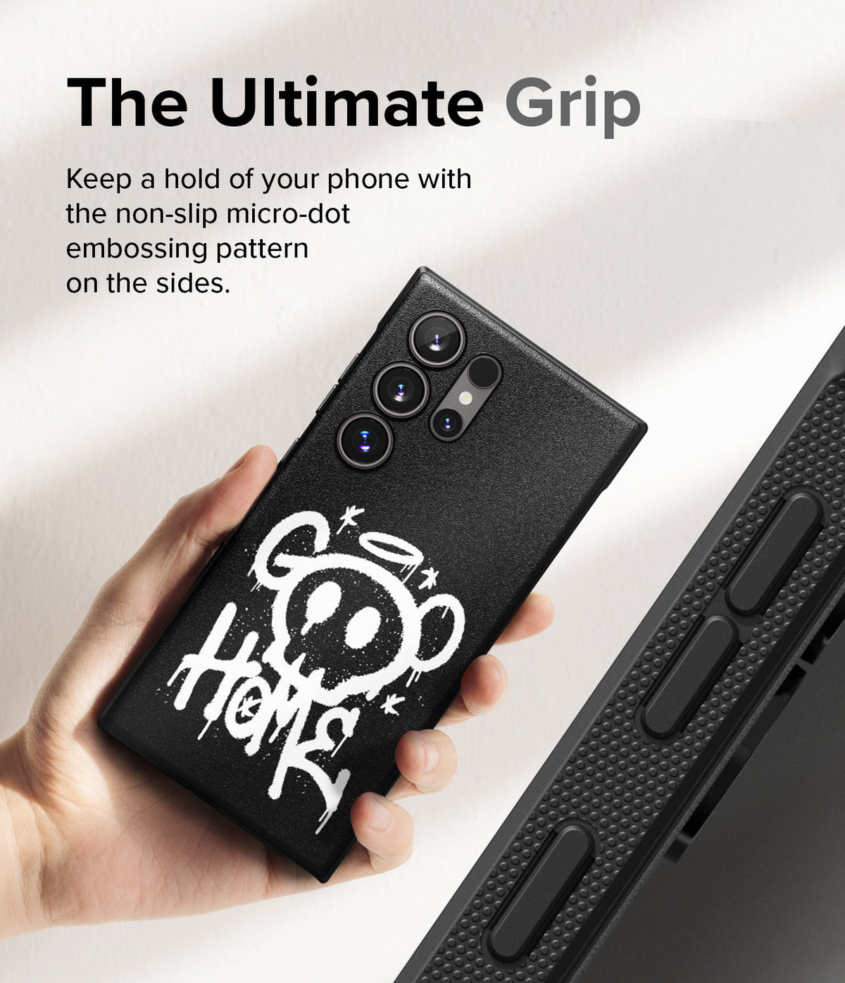 Galaxy S24 Ultra Case | Onyx Design - Hand holding a black phone case with white graffiti art and side micro-dot grip.