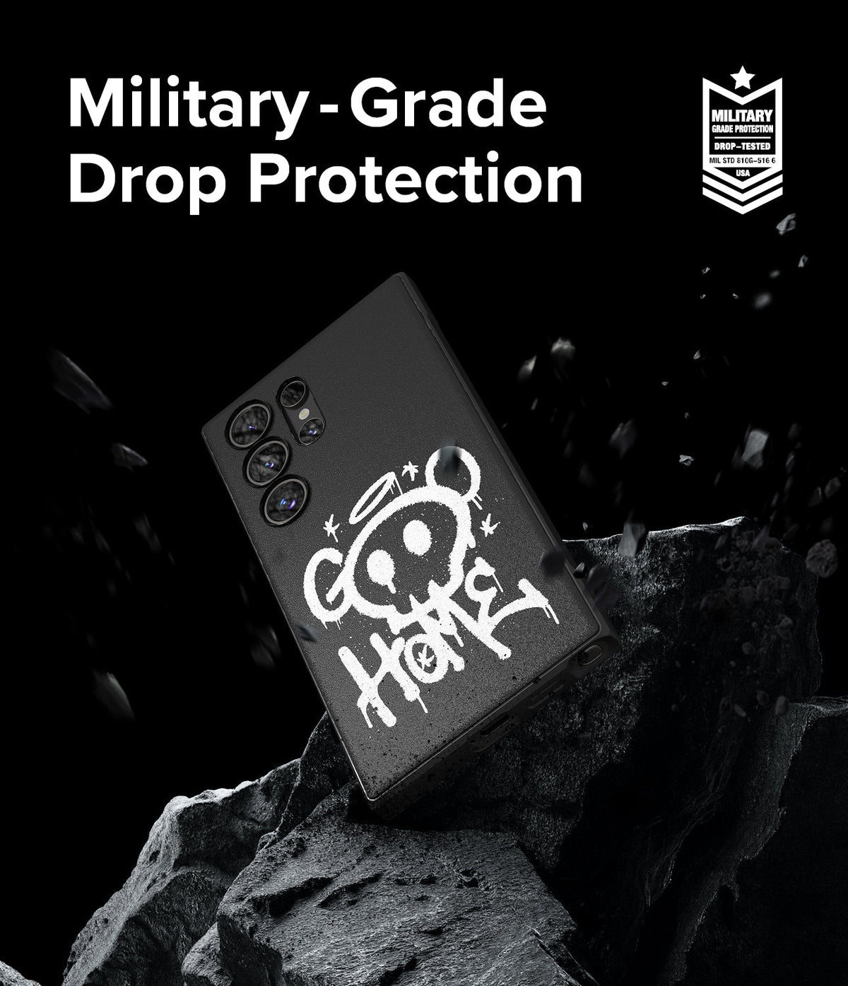Galaxy S24 Ultra Case | Onyx Design - Black phone case with white graffiti art on a rocky surface with debris.