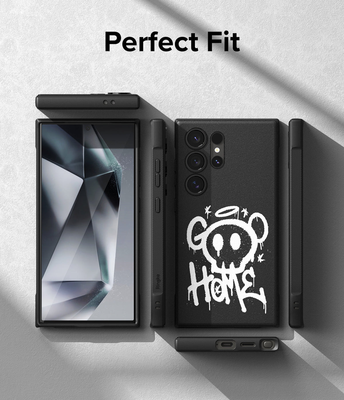 Galaxy S24 Ultra Case | Onyx Design - Black phone case with white graffiti skull art, shown from front, back, and sides.