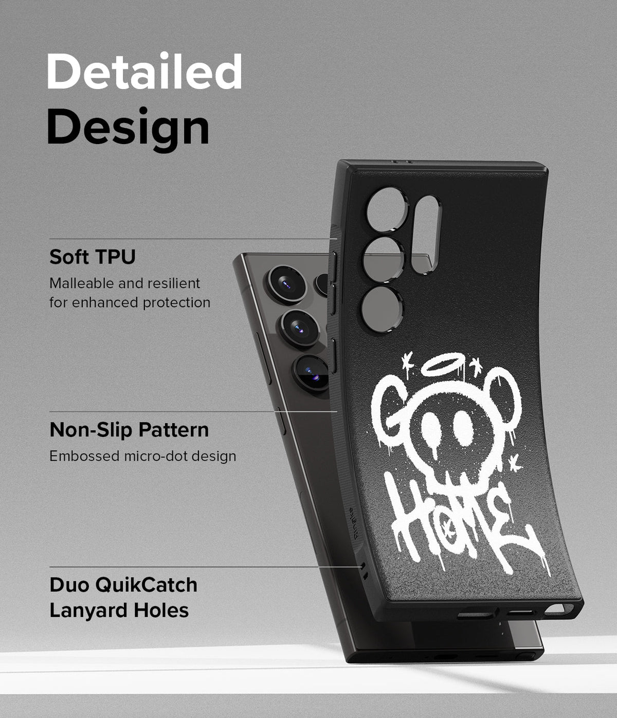 Galaxy S24 Ultra Case | Onyx Design - Black phone case with white graffiti art, highlighting TPU, texture, and lanyard holes.