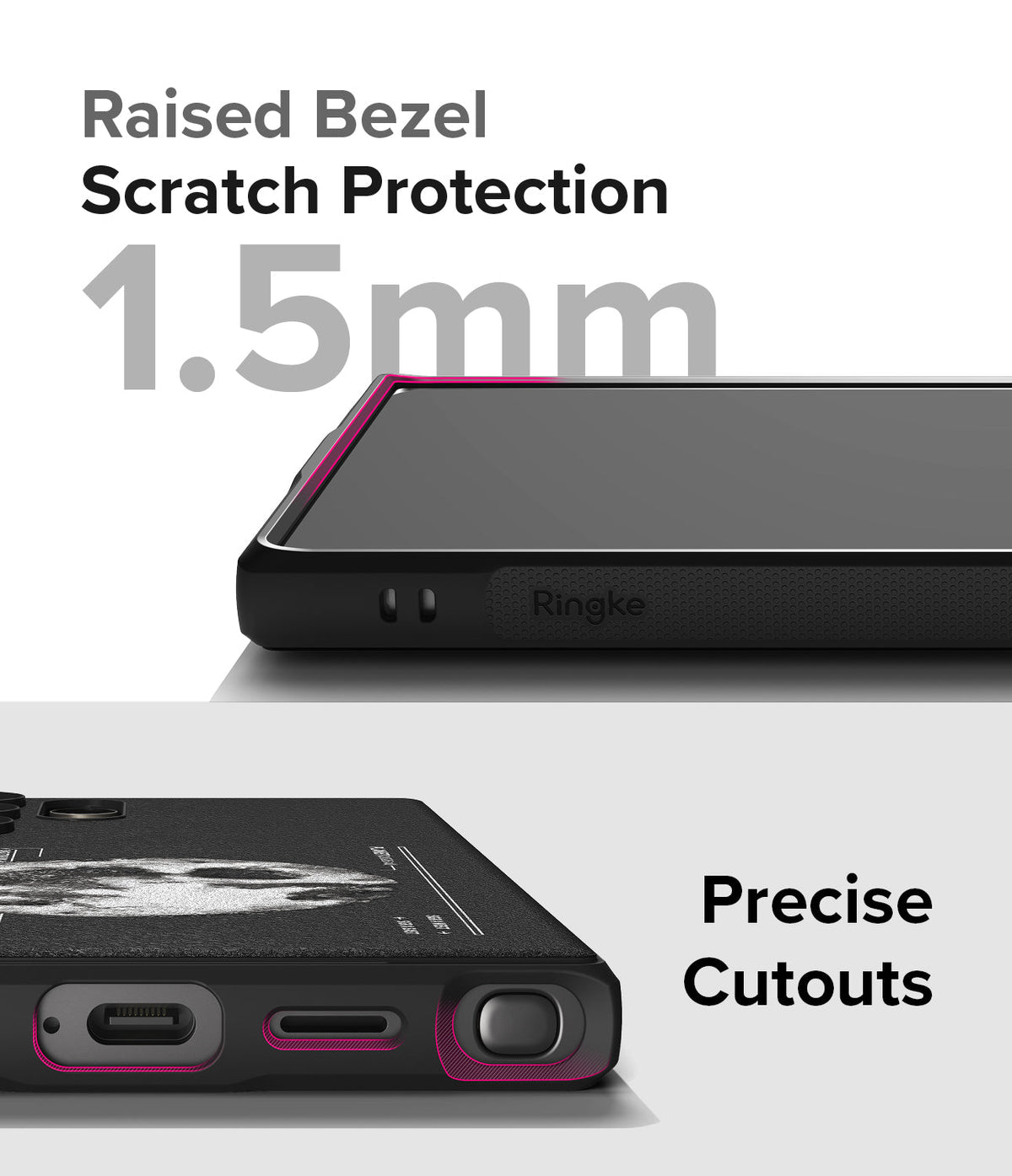 Galaxy S24 Ultra Case | Onyx Design - Close-up of phone case showing 1.5mm raised bezel protection and precise port cutouts.