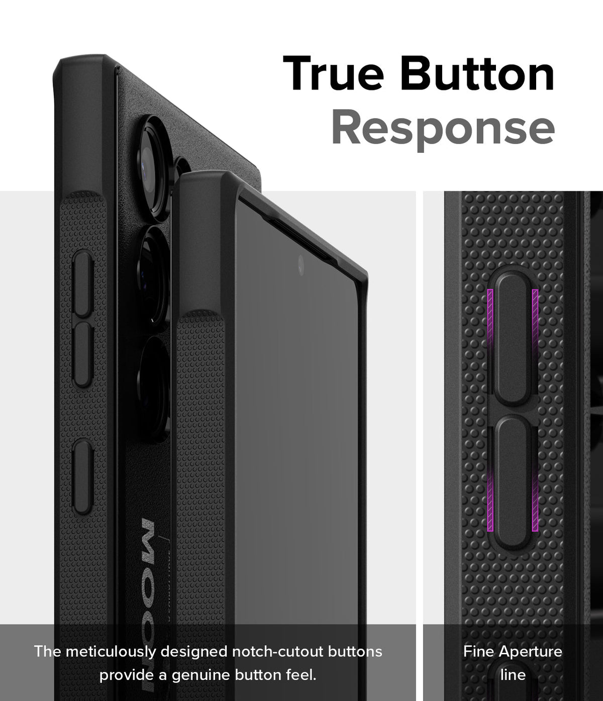 Galaxy S24 Ultra Case | Onyx Design - Close-up of phone case buttons with textured grip and precise cutouts for tactile response.