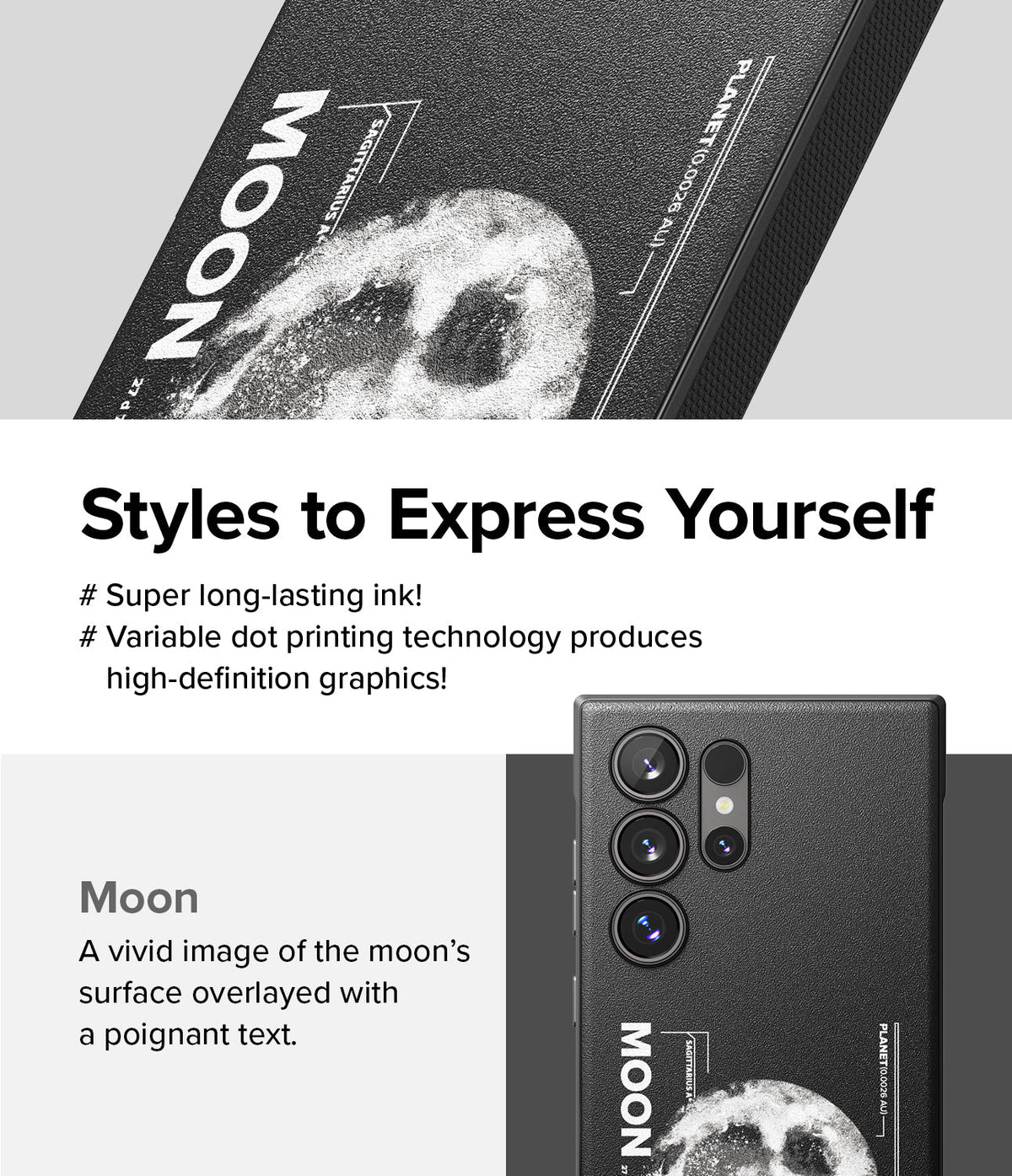 Galaxy S24 Ultra Case | Onyx Design - Black phone case featuring a detailed moon graphic and scientific text overlays.