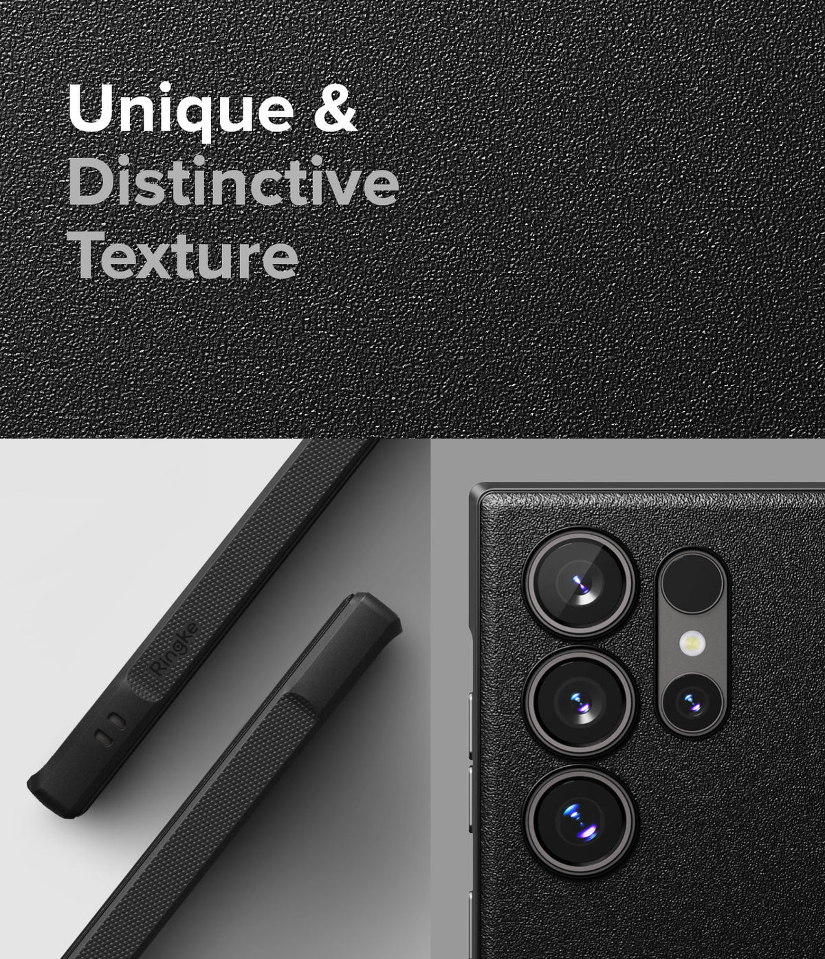 Galaxy S24 Ultra Case | Onyx Design - Close-up of black textured phone case with camera lens cutouts and side frame.