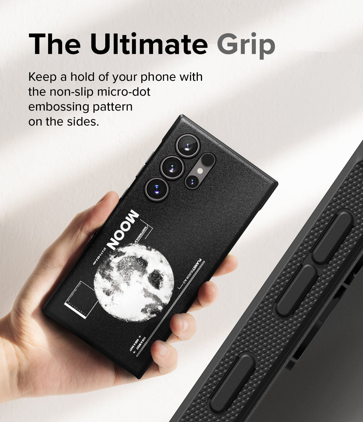 Galaxy S24 Ultra Case | Onyx Design - Hand holding a black phone case with a moon graphic and micro-dot side grip texture.
