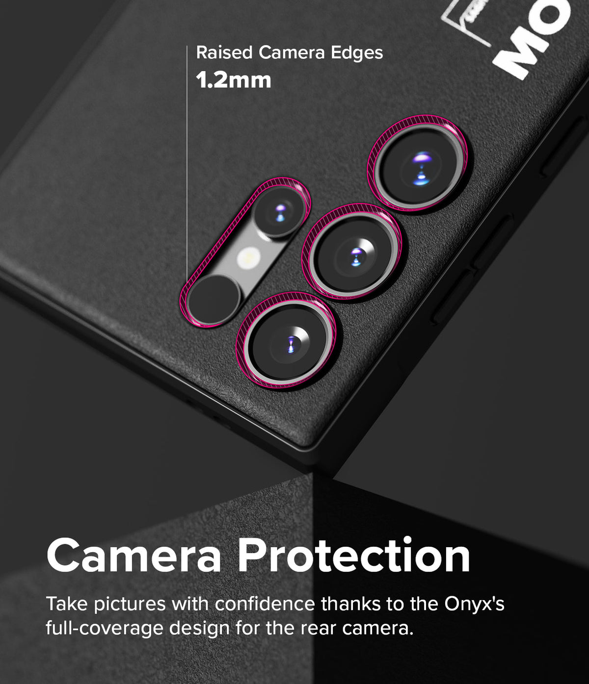 Galaxy S24 Ultra Case | Onyx Design - Close-up of phone camera lenses with 1.2mm raised protective edges.