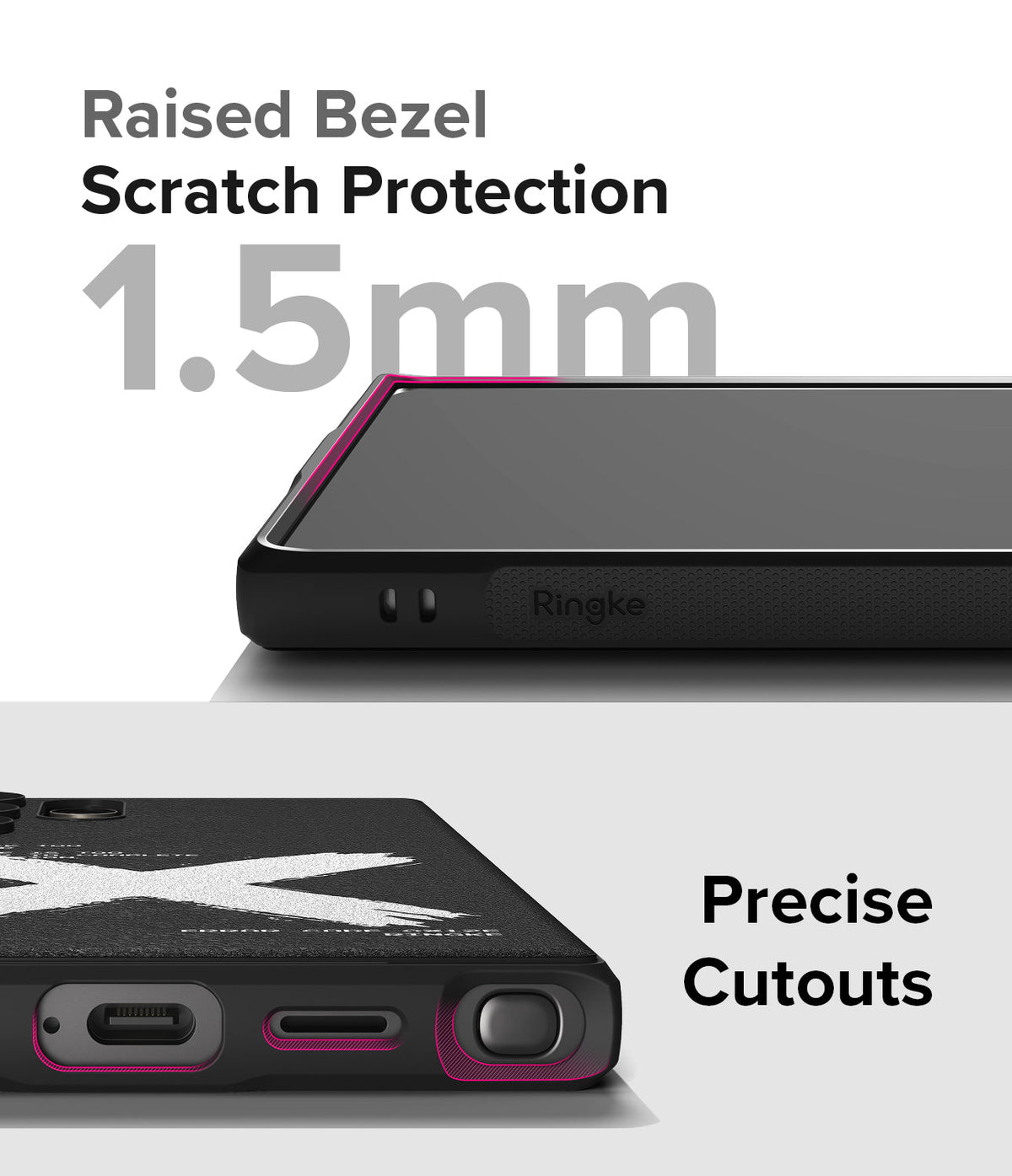 Galaxy S24 Ultra Case | Onyx Design - Close-up of phone case showing 1.5mm raised bezel and precise port cutouts.