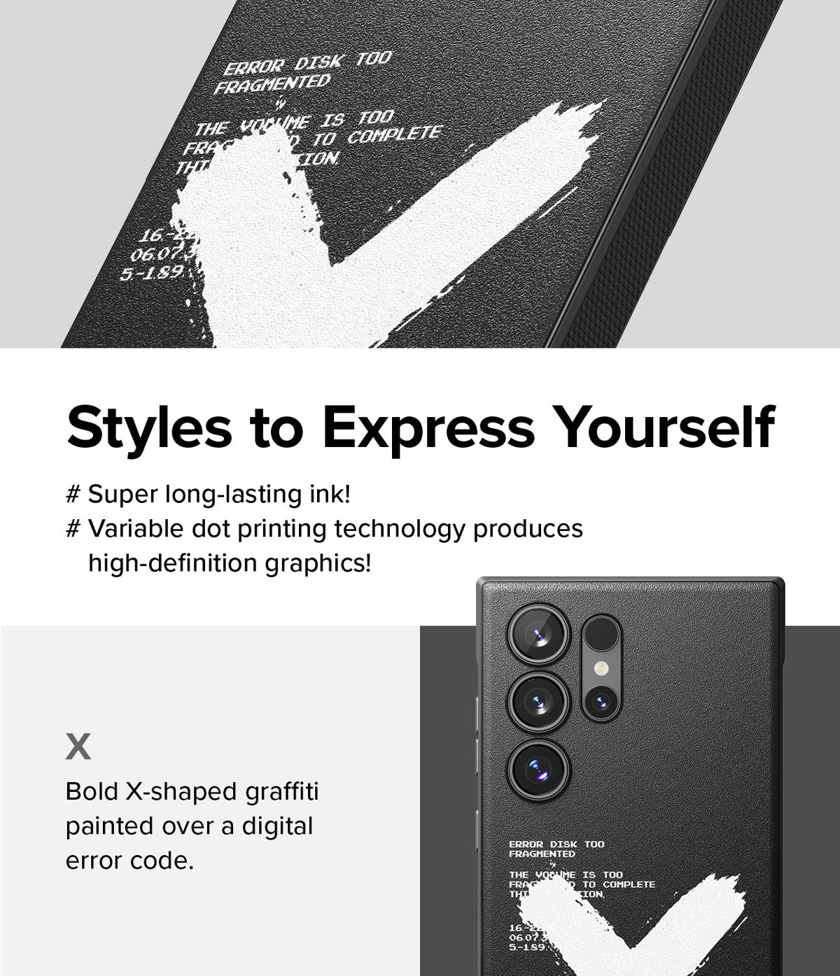 Galaxy S24 Ultra Case | Onyx Design - Black phone case featuring a white X-shaped brushstroke over digital error text.