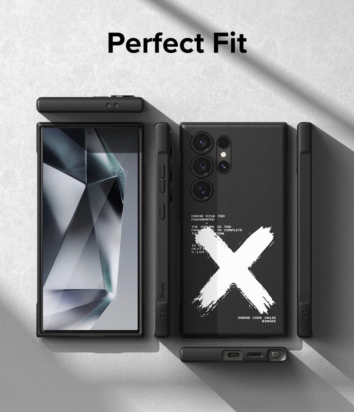Galaxy S24 Ultra Case | Onyx Design - Black phone case with white X graphic and text, shown from front, back, and sides.