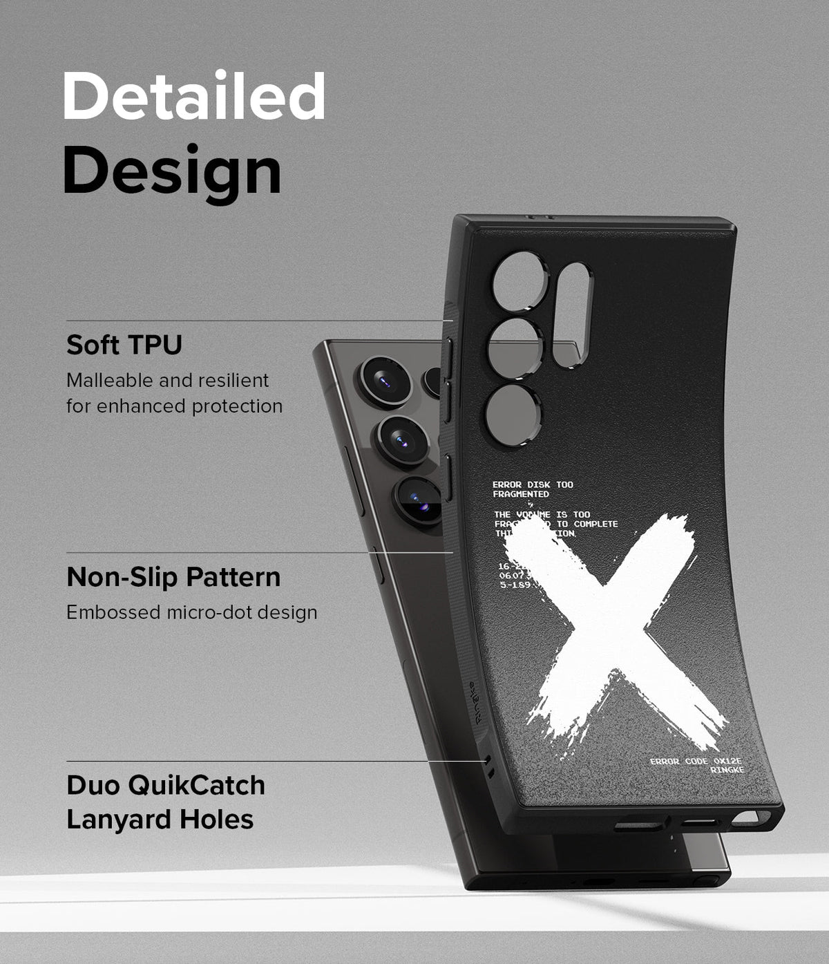 Galaxy S24 Ultra Case | Onyx Design - Black phone case with white X graphic, highlighting TPU material and lanyard holes.