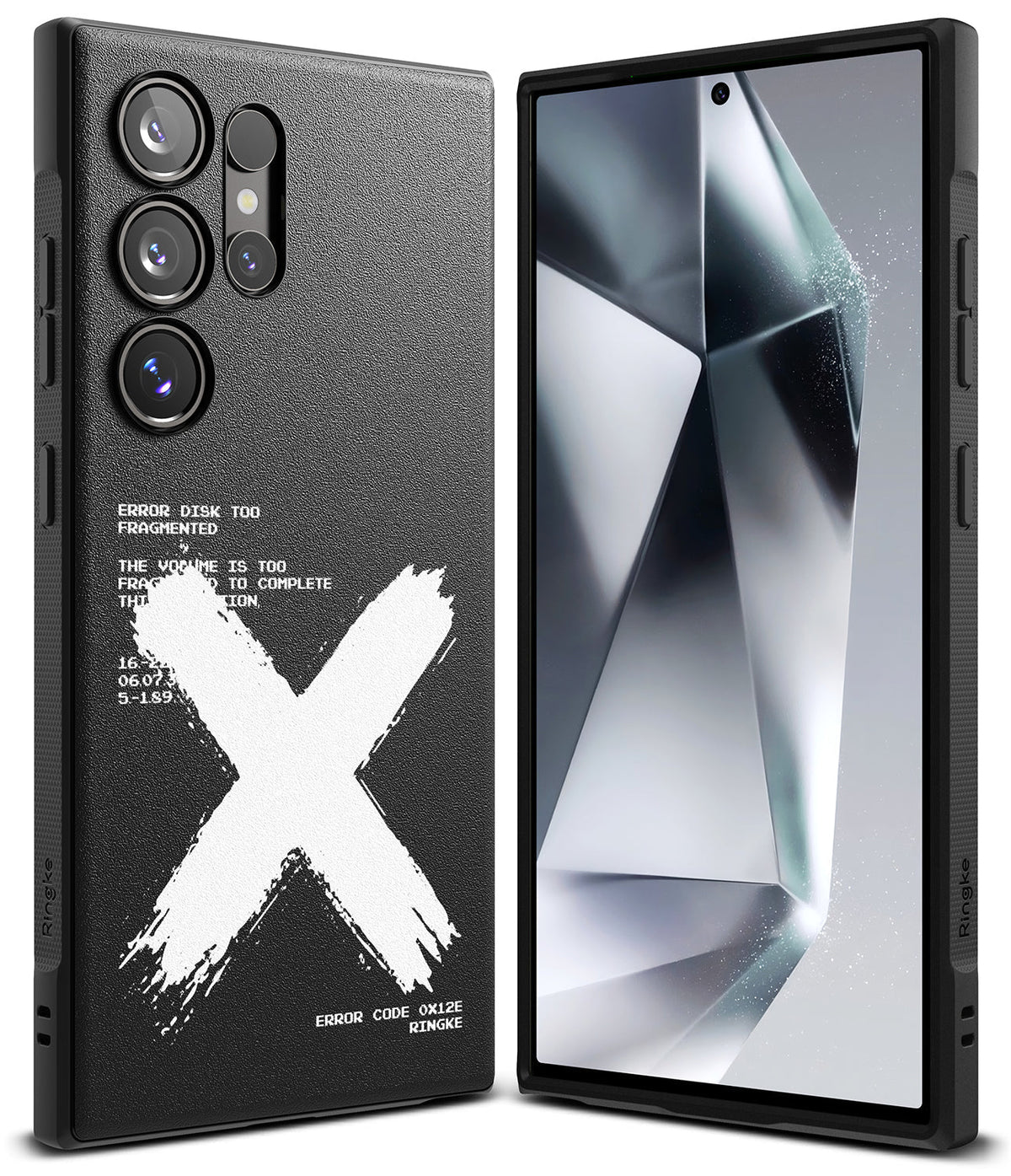 Galaxy S24 Ultra Case | Onyx Design - Black phone case with white X graphic and technical text, shown from back and front.