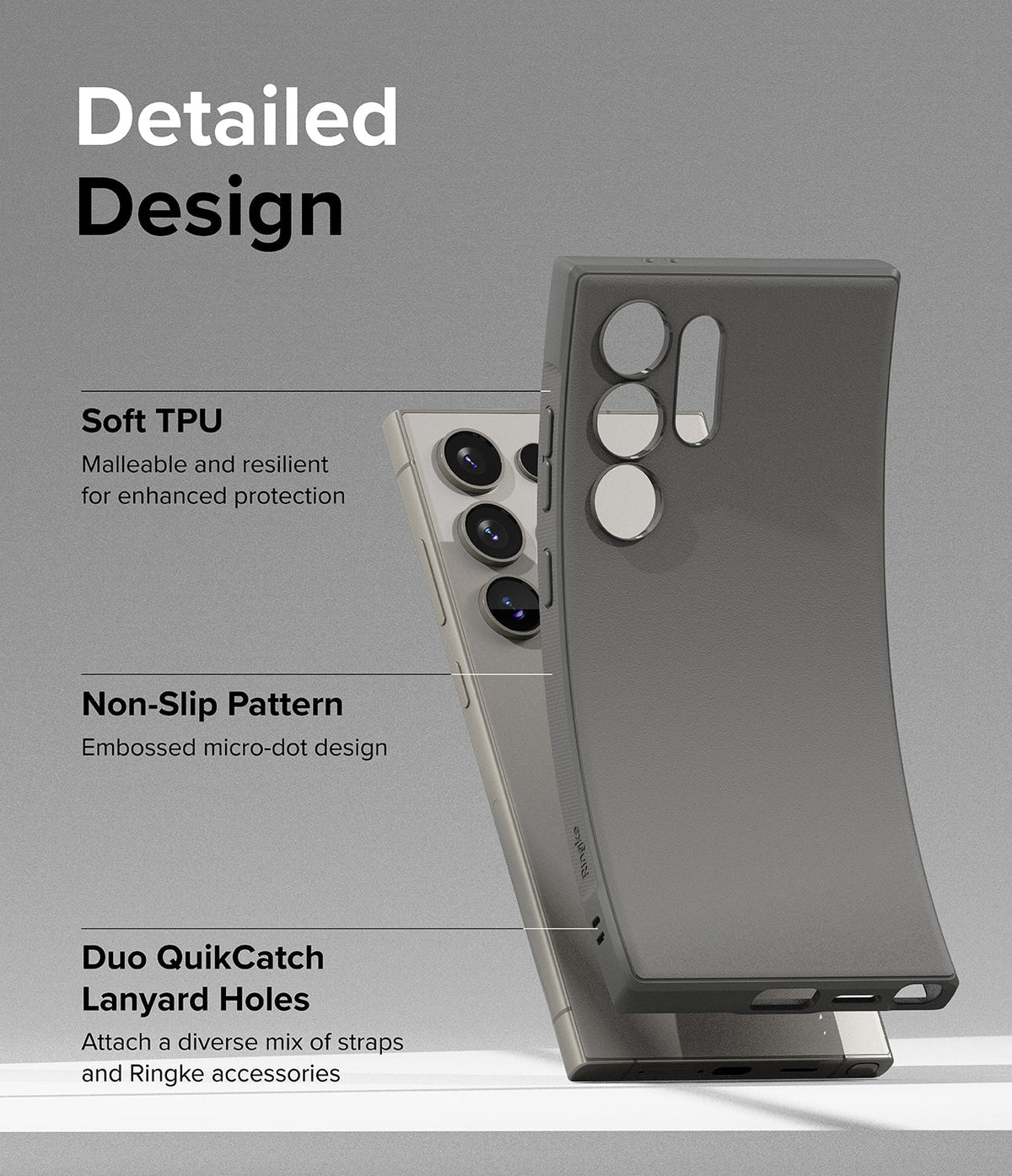 Galaxy S24 Ultra Case | Onyx - Flexible gray phone case highlighting TPU material, non-slip texture, and lanyard holes.