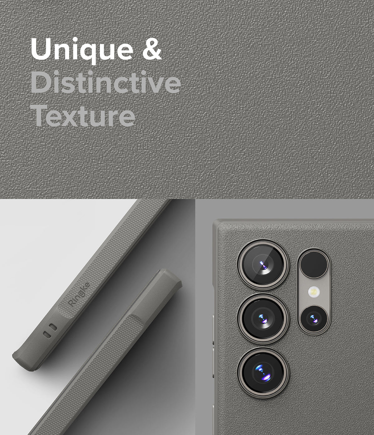 Galaxy S24 Ultra Case | Onyx - Close-up of a grey textured phone case showing camera cutouts and side button details.