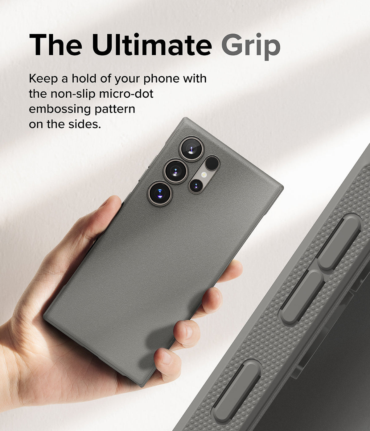 Galaxy S24 Ultra Case | Onyx - Hand holding a grey phone case with a micro-dot textured side grip and camera cutouts.