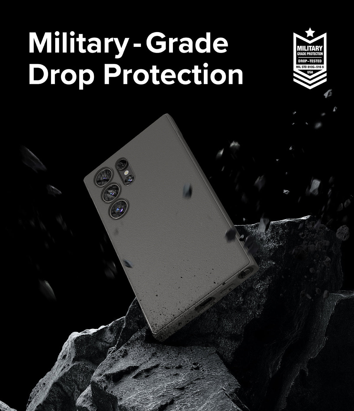 Galaxy S24 Ultra Case | Onyx - Onyx phone case floating above jagged rocks with debris and military-grade protection badge.