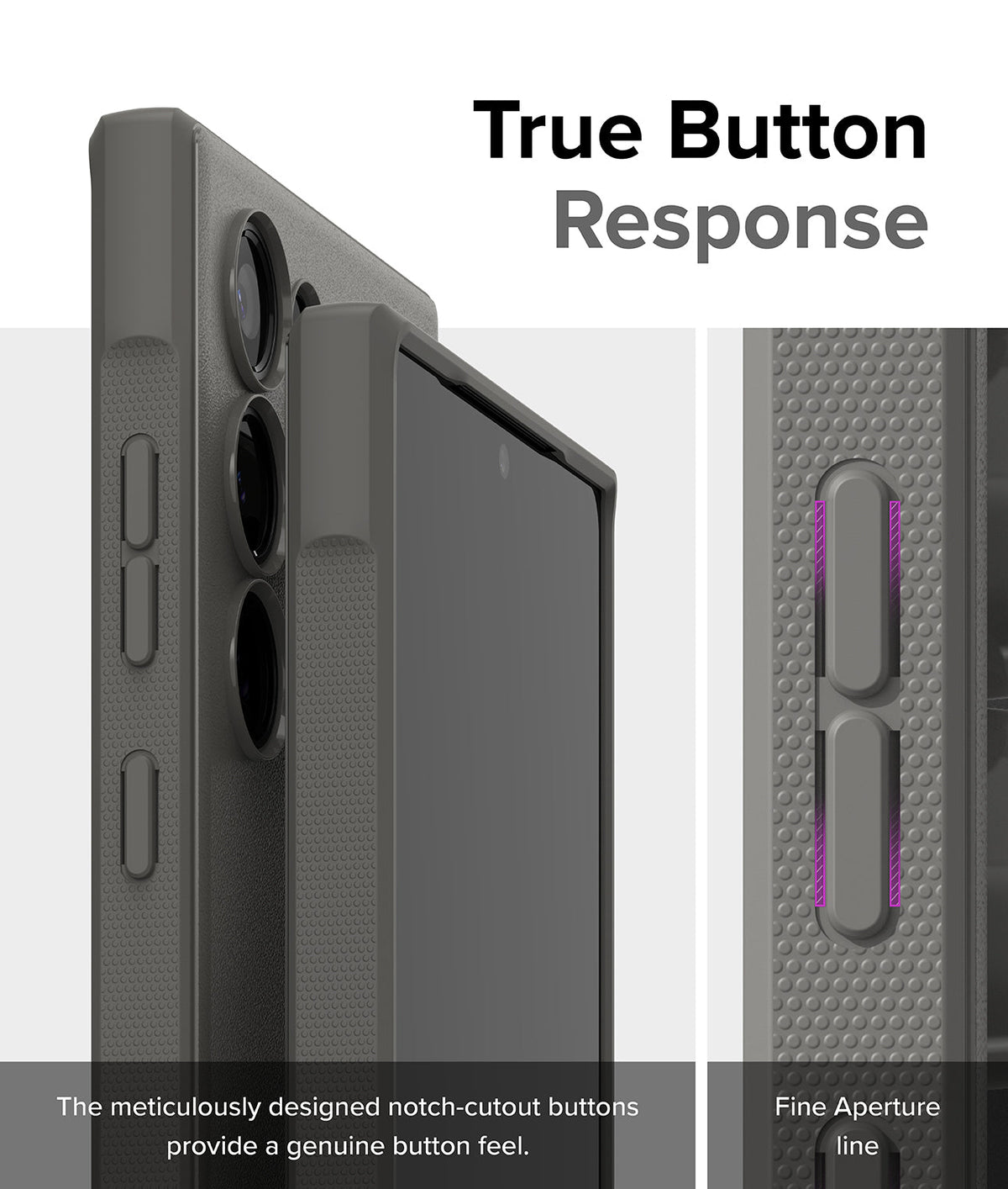 Galaxy S24 Ultra Case | Onyx - Close-up of phone case buttons with notch-cutouts for tactile response and fine aperture lines.