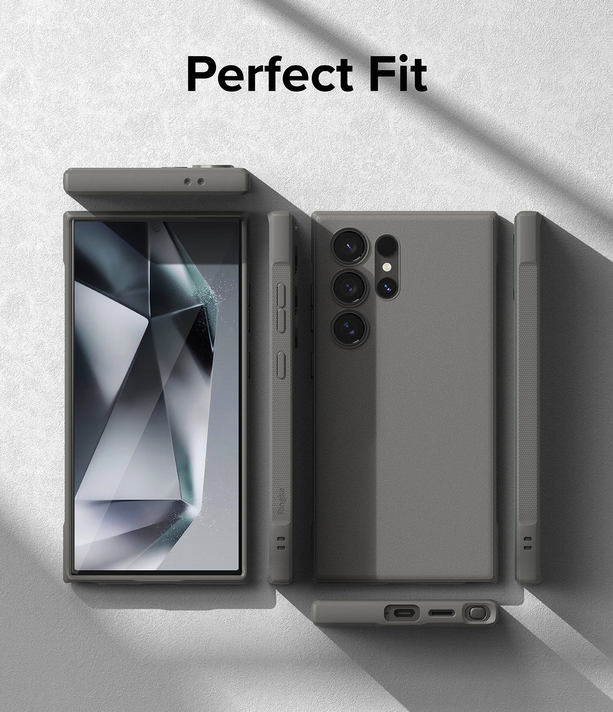 Galaxy S24 Ultra Case | Onyx - Onyx gray case for Galaxy S24 Ultra shown from front, back, and side angles on a textured surface.