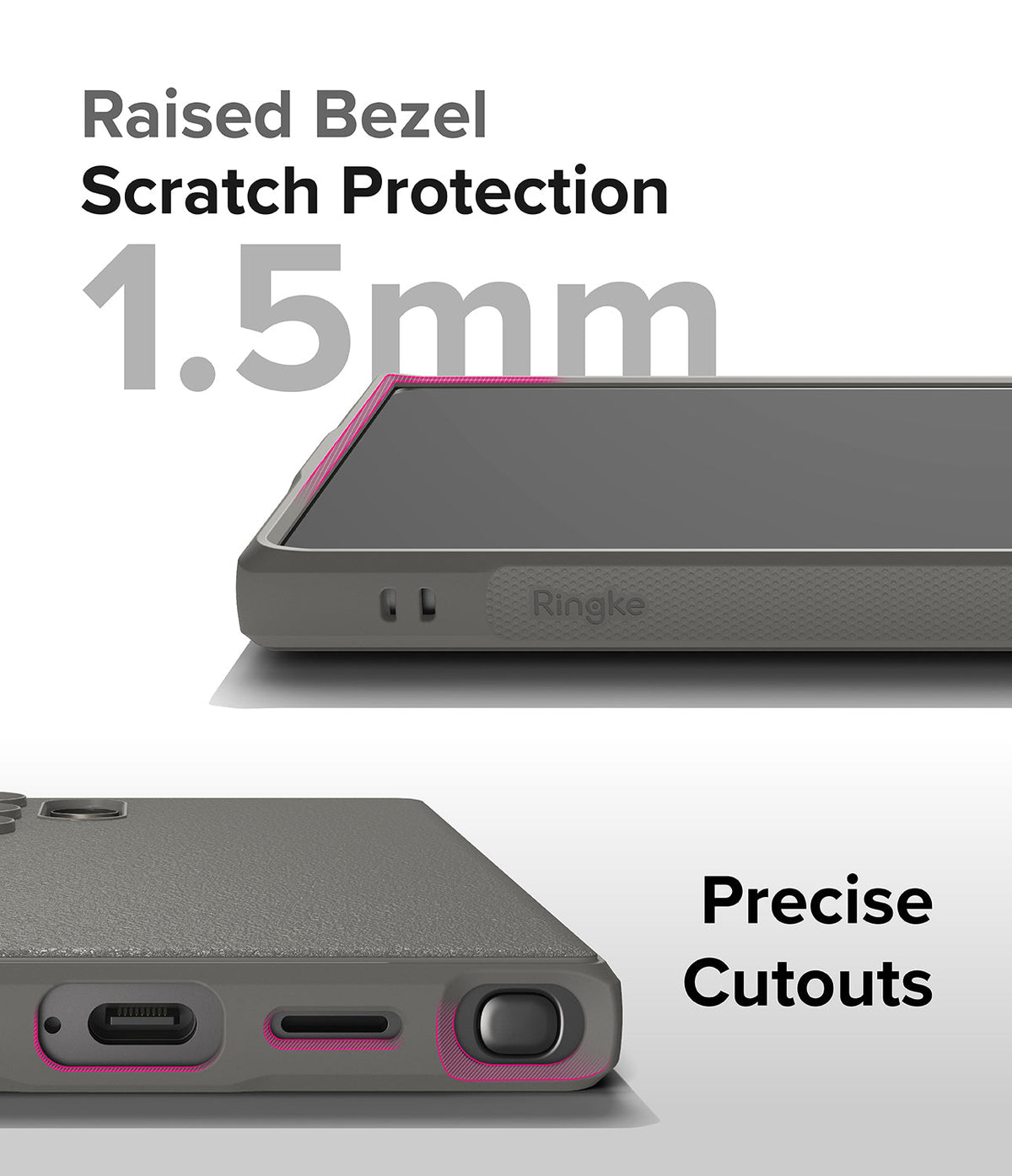 Galaxy S24 Ultra Case | Onyx - Close-up of phone case showing 1.5mm raised bezel protection and precise port cutouts.