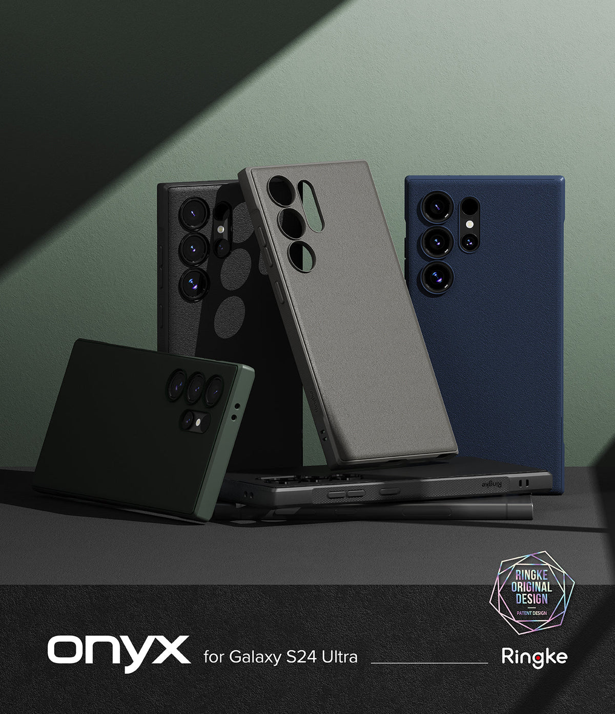 Galaxy S24 Ultra Case | Onyx - Four Galaxy S24 Ultra phones in various Onyx case colors arranged on a dark surface.
