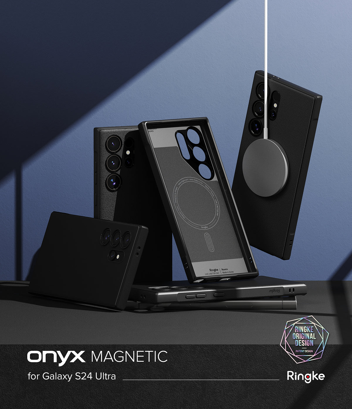 Galaxy S24 Ultra Case | Onyx Magnetic - Black magnetic phone cases for Galaxy S24 Ultra, one attached to a wireless charger.