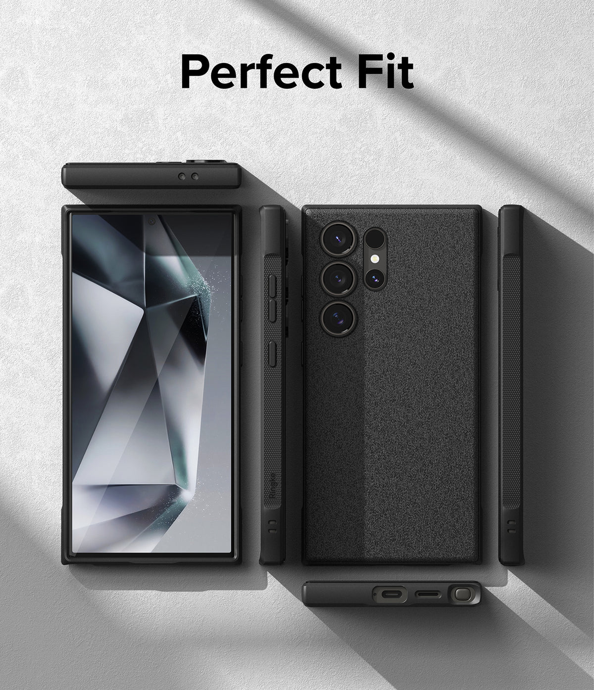 Galaxy S24 Ultra Case | Onyx Magnetic - Black phone case shown from front, back, and side angles on a gray background.