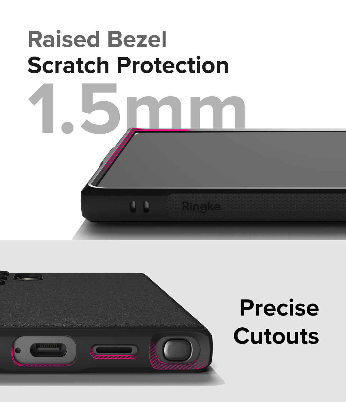 Galaxy S24 Ultra Case | Onyx Magnetic - Close-up of phone case showing 1.5mm raised bezel protection and precise port cutouts.
