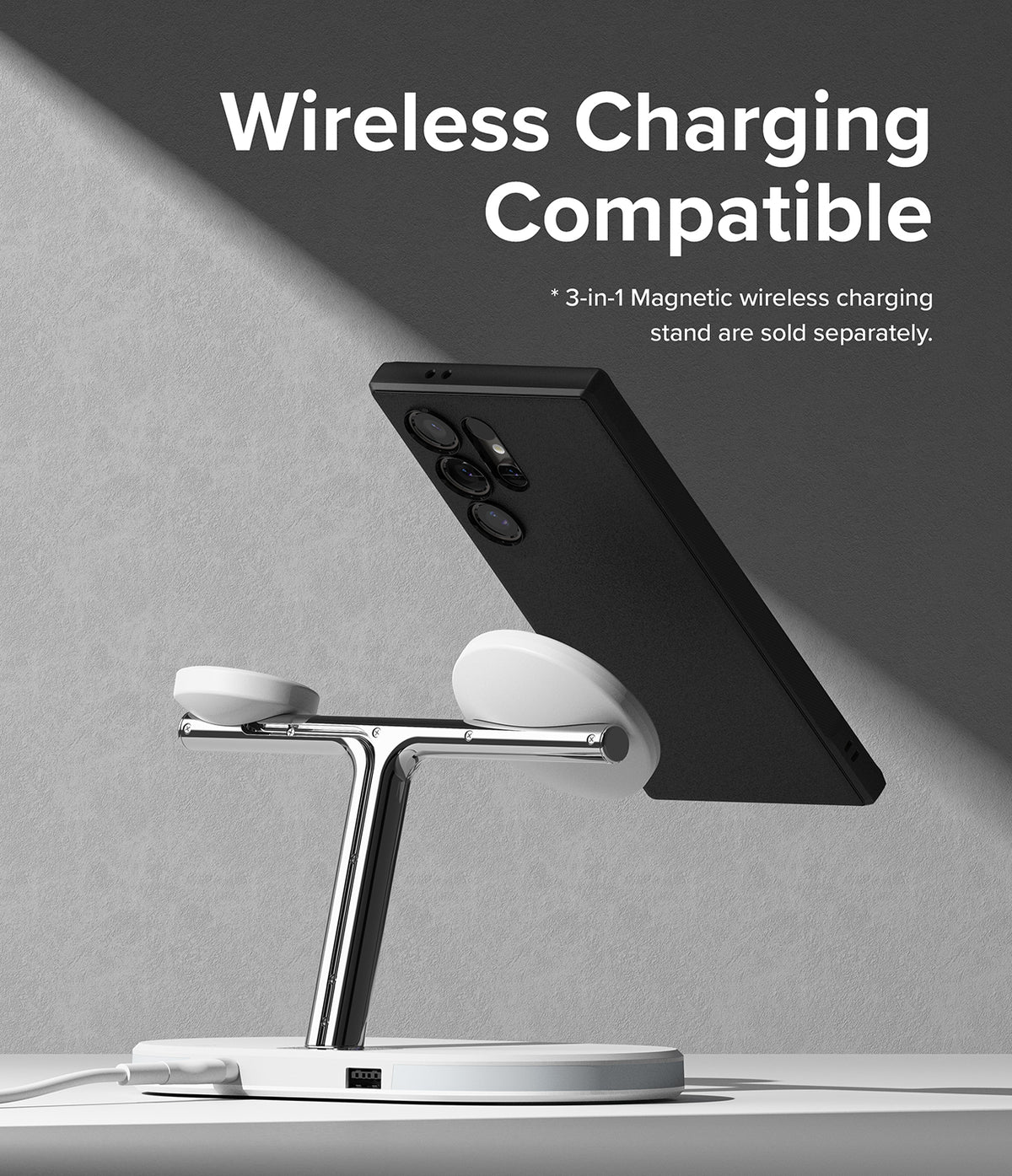 Galaxy S24 Ultra Case | Onyx Magnetic - Black phone in a magnetic case attached to a chrome 3-in-1 wireless charger.