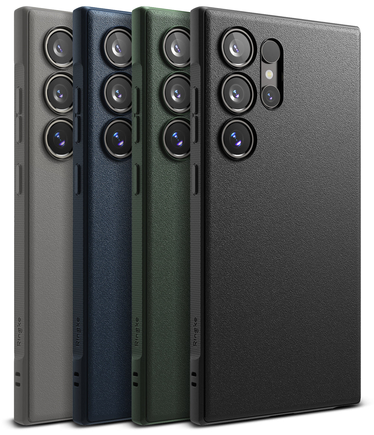 Galaxy S24 Ultra Case | Onyx - Four Galaxy S24 Ultra phones in gray, blue, green, and black textured cases lined up side-by-side.