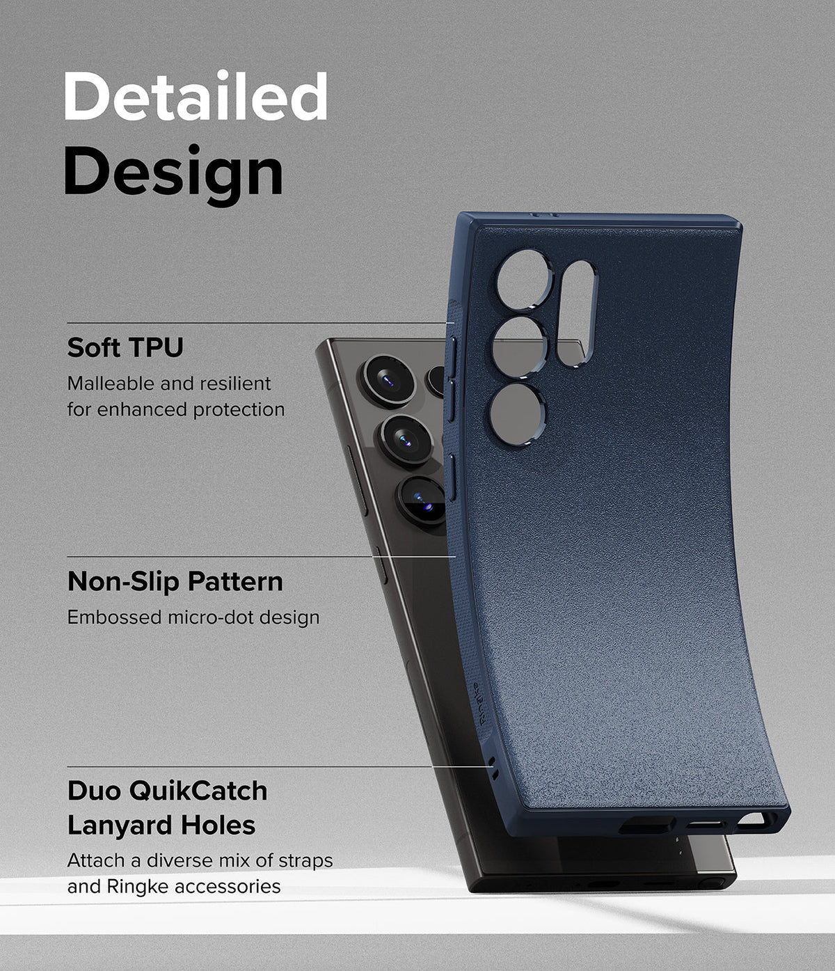 Galaxy S24 Ultra Case | Onyx - Navy blue phone case showing soft TPU, micro-dot texture, and lanyard holes features.